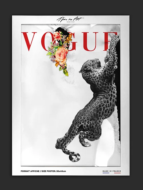 Un léopard en noir et blanc déchire de ses griffes la couverture de Vogue et dévoile des fleurs colorées prisonnières derrière. 